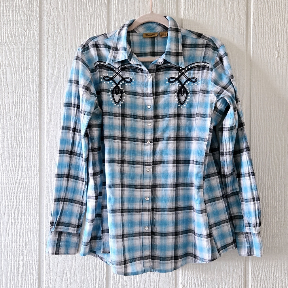 Wrangler Western Wear Plaid Rhinestone Embroidered Pearl Snap Shirt Blue Large